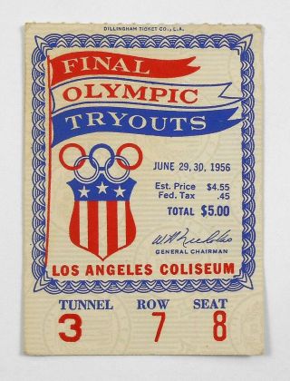 1956 Final Olympic Tryouts Ticket Stub Los Angeles Memorial Coliseum