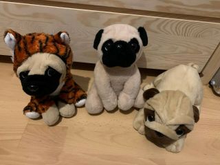 Bundle Of 3 X Cute Pug Dog Soft Plush Toys - In - Only £6.  99