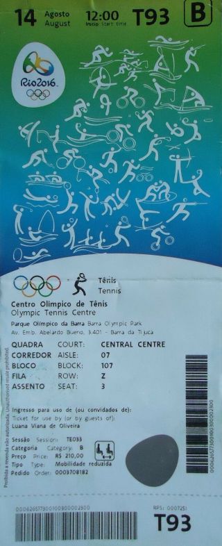 Ticket A 14.  8.  2016 Olympic Rio Tennis Finale Men 
