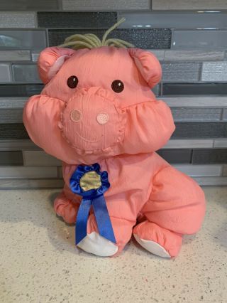 Retired 1997 Fisher Price Puffalump Pink Barnyard Pig With Blue Ribbon