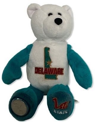 Delaware State Quarter Beanie Bear Limited Treasures White Turquoise 8.  5 Inches
