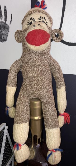 Vintage 1950s Red Heel Sock Monkey Doll 24 " Stuffed Plush Retro Folk