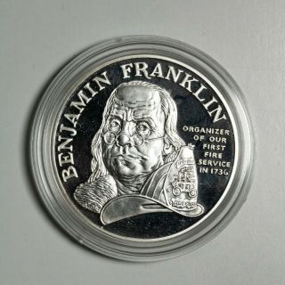 1992 P Ben Franklin Fire Fighter Proof.  999 Fine Silver Commemorative Item Ffpr