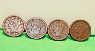 1844,  1845,  1846,  1847 Us Large Cents Vg,