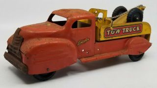 Vintage Lincoln Tow Truck Hook & Chain Tin Red Yellow 1950s Black Tires 2 Seat