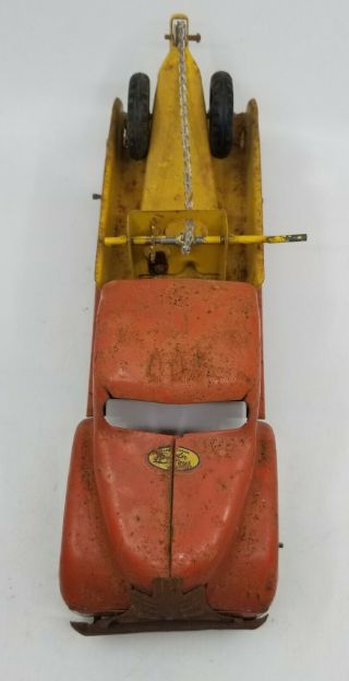 Vintage Lincoln Tow Truck Hook & Chain Tin Red Yellow 1950s Black Tires 2 Seat 6