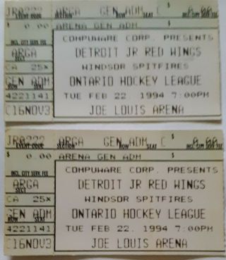 1994.  2.  22 Detroit Jr Red Wings V Windsor Spitfires 2 Ticket Stubs Todd Harvey