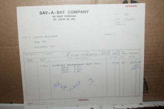 1963 Sav - A - Bat St.  Louis Missouri Receipt Anniston Sports Equipment Baseball Bat