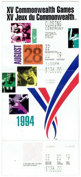Closing Ceremony Ticket From 1994 Commonwealth Games In Victoria,  Bc
