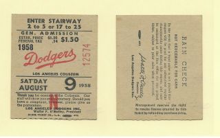 1958 San Francisco Giants Ticket Stub Vs Los Angeles Dodgers @ La Coliseum