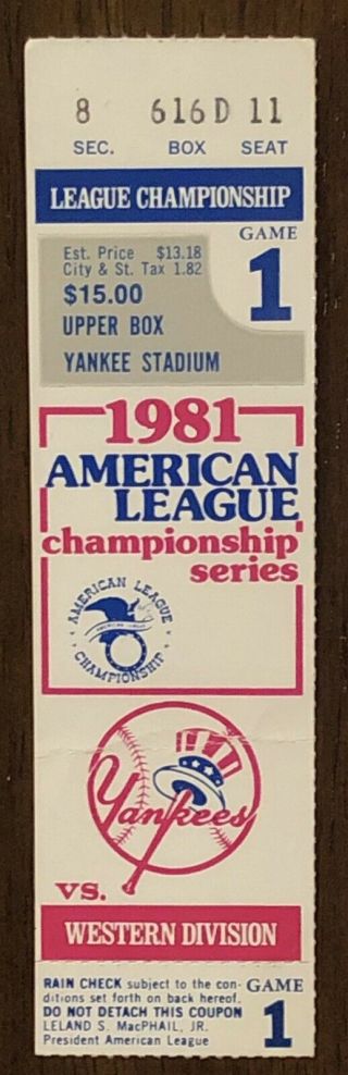1981 American League Championship Game 1 Ticket Stub York Yankees Oakland As