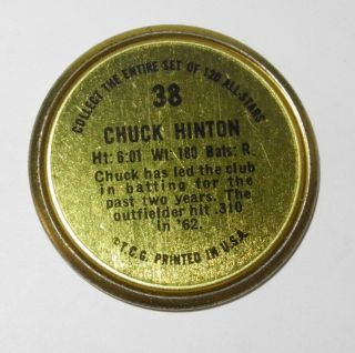 1964 Topps Baseball Coin Pin 38 Chuck Hinton Washington Senators Near 2