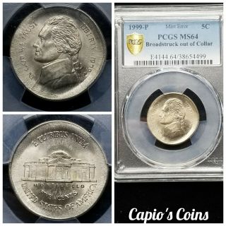 Very Large Pcgs Ms64 1999 Jefferson Nickel - Broadstruck Out Of Collar Error.