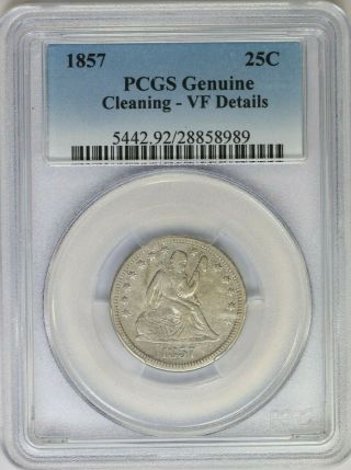 1857 Pcgs 25c Silver Seated Liberty Quarter Very Fine Vf Cleaning Details