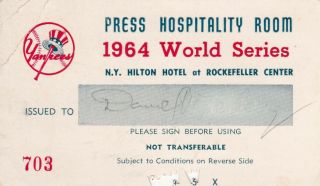 1964 York Yankees World Series Press Hospitality Room Pass,  Hilton Hotel