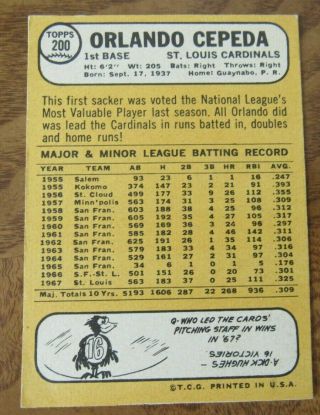 1968 Topps Baseball - 200 Orlando Cepeda,  1b,  St.  Louis Cardinals 3
