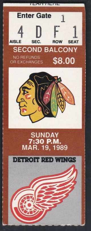 Mar.  19,  1989 Chicago Blackhawks Vs Detroit Red Wings Ticket Stub Roenick Rookie