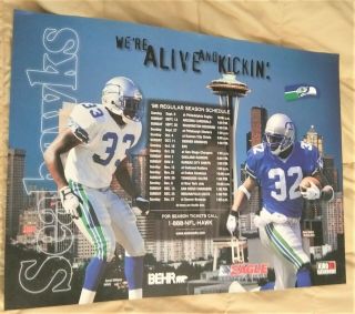 1993 Seattle Seahawks Schedule Poster Ricky Watters & D.  Williams 30 " X 20 "