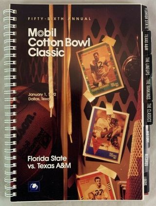 1992 Cotton Bowl Classic College Football Media Guide Florida State V Texas A&m
