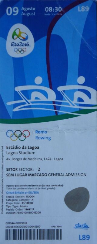 Ticket 9.  8.  2016 Olympic Games Rio Rowing L89