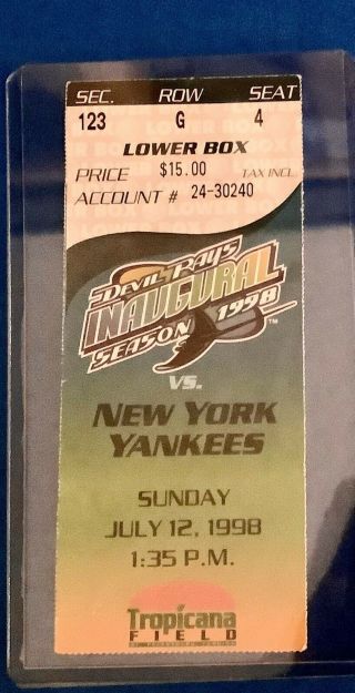 Mlb Tampa Bay Devil Rays 1998 Inaugural Season Ticket Stub Vs Ny Yankees 7/12/98