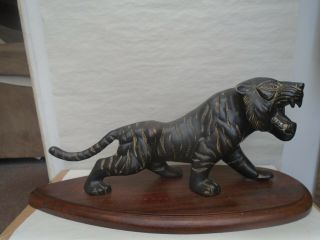 Shere Kahn Awesome Large Bronze Metal Tiger Statue With Wooden Base Stand Wow