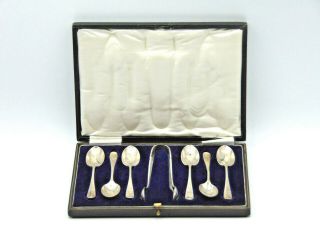 Antique Set Of Sterling Silver Spoons & Silver Plated Sugar Nips (ap120a)