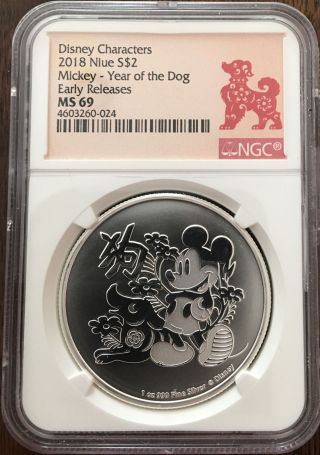 2018 Niue Disney Mickey Year Of The Dog Early Releases Ngc Ms69 Silver S$2