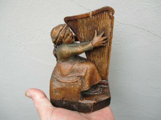 An Antique Carved Wooden Anri Of Woman Playing A Harp C1900