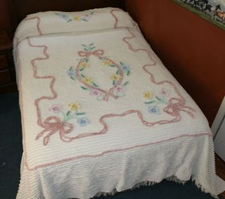 Vintage White With Rose & Floral Design Cotton Chenille Bedspread Double 90x104
