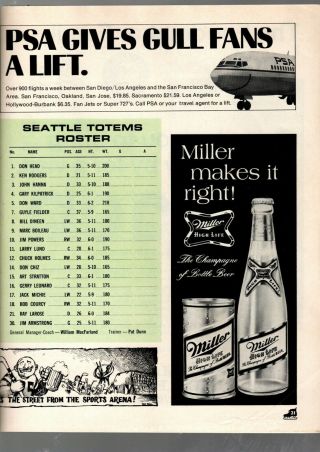 1968 - 69 WHL HOCKEY PROGRAM: SEATTLE TOTEMS at SAN DIEGO GULLS,  DEC 28,  O ' REE, 3