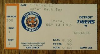 Detroit Tigers Ticket Stub - September 13 1985 - Baltimore Orioles Tiger Stadium