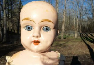 Antique Larger 24 " Jointed Metal Tin Head Doll Leather Body Blue Sleep Eyes