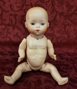 Antique German Bisque Head Baby Doll Karl Baumann Glass Blue Set Eyes 8 Inches