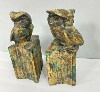 Vintage Rustic Patina OWL Bookends Cast Iron Metal Figurine Bird on Book Ends 2