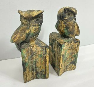 Vintage Rustic Patina OWL Bookends Cast Iron Metal Figurine Bird on Book Ends 3
