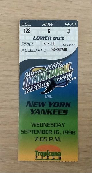 Mlb Tampa Bay Devil Rays 1998 Inaugural Season Ticket Stub Vs Ny Yankees 9/16/98