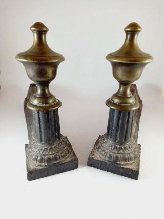 Antique French Cast Iron Fire Dogs With Brass Finials - 23cm