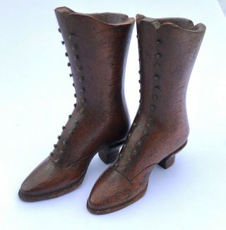 Antique Victorian Carved Treen Wooden Boots With Pin Work Laces