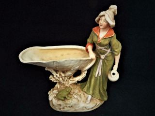 Antique Royal Dux Porcelain Bohemia Water Lady & Frog With Shell Figure 1900 