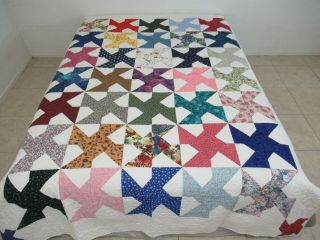 Vintage Dated 2002,  Signed Machine Pieced & Quilted Cotton Churn Dash Quilt Full