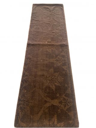 Antique Vintage Table Runner Mission Brown Damask Horse Hair Silk Lining 15x50