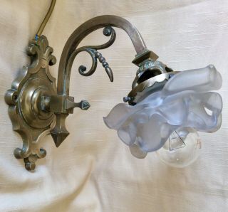 Antique Late 19th Cent.  French Solid Brass Metal Wall Light Glass Petal Shade