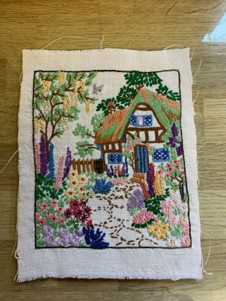 Antique Vintage Sampler Picture Hand Embroidered English Country Cottage Scene