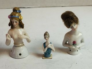 3 Antique German Porcelain Half Doll Pin Cushion Real Hair On One