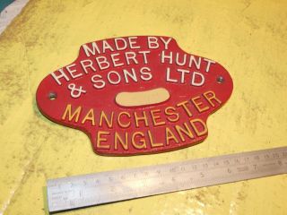 Vintage Herbert Hunt Machinery Cast Iron Sign Plaque