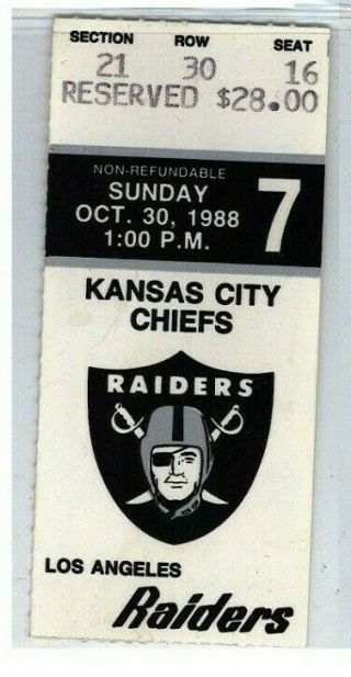 Kansas City Chiefs @ Los Angeles Raiders 10/30/1988 Nfl Football Ticket Stub