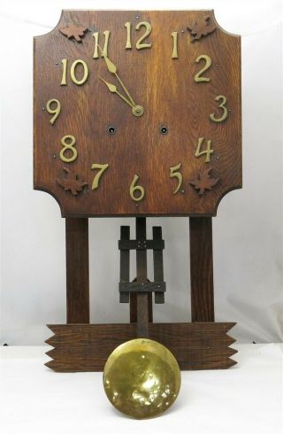 Antique Wooden Mission Oak Applied Leaves Wall Clock