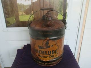 Vintage Richlube 5 Gallon Oil Can Pennsylvania Premium Grade - Use Richfield Gas