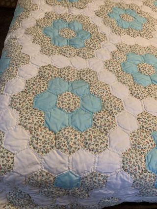 Vintage Hexagon Grandmother’s Flower Garden Quilt 80”x85” Full Size Hand Stitch